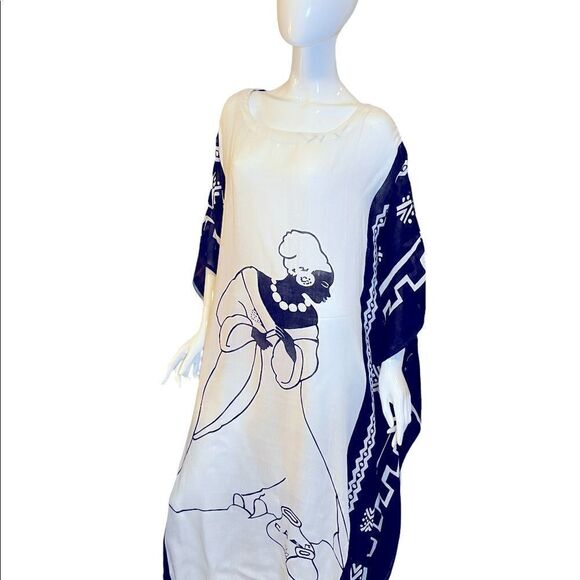 Vintage Y2K Lady Scoop Neck Tassel Kaftan MuMu Beach Cover Up 1X Black White - Picture 16 of 16